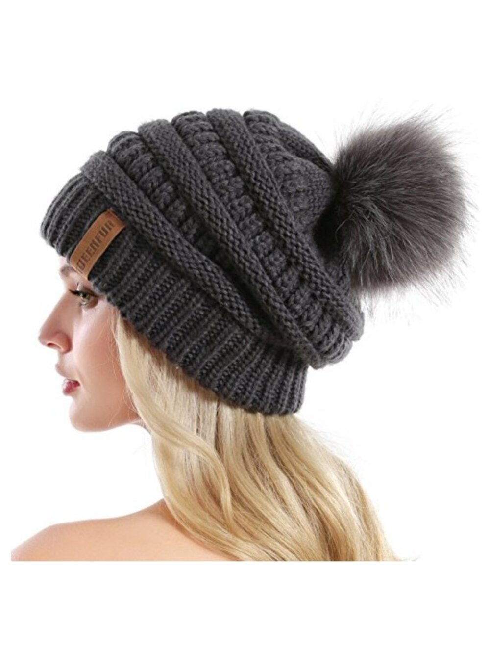 Slouchy Cable-Knit Beanie Faux Fur Pompom Winter Hat